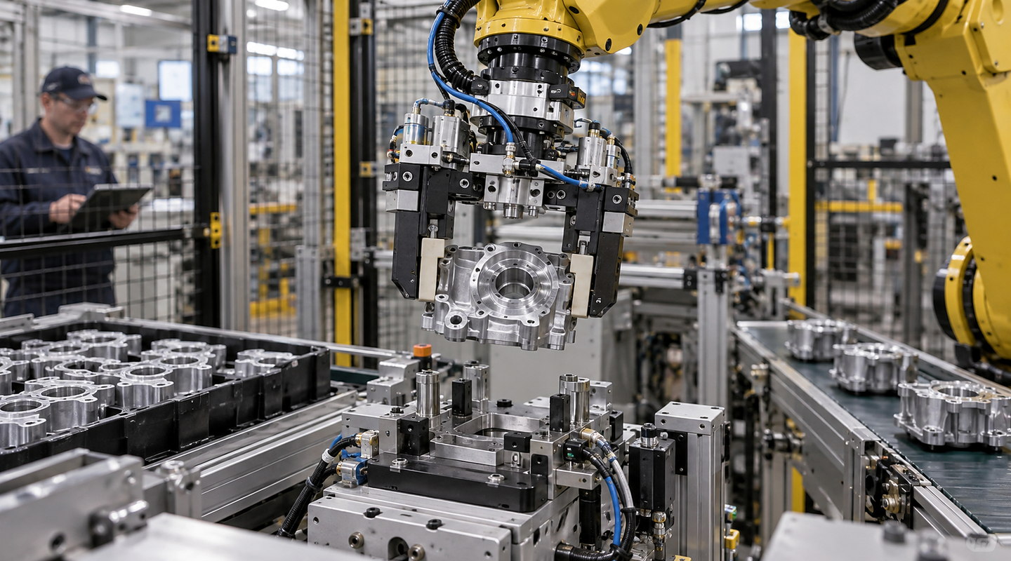 Close production view of a robot gripper handling a real component inside an operating automated cell, with services and sensing visible.