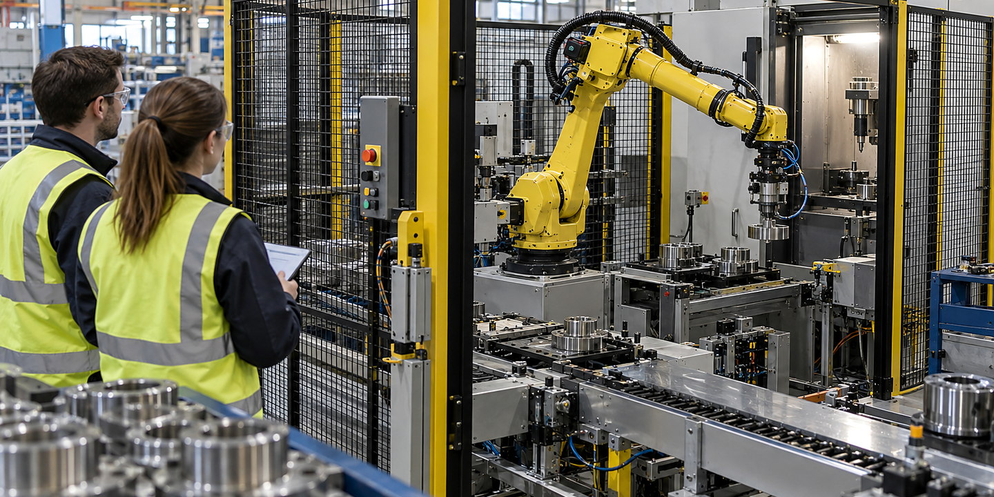 Close production view of a robot gripper handling a real component inside an operating automated cell, with services and sensing visible.