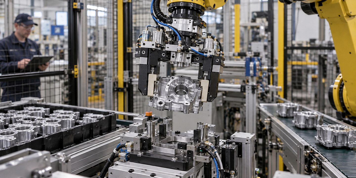 Close production view of a robot gripper handling a real component inside an operating automated cell, with services and sensing visible.